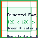 Discord Emoji guide showing the 128 x 128 canvas, edge crop risk, and safe center placement.
