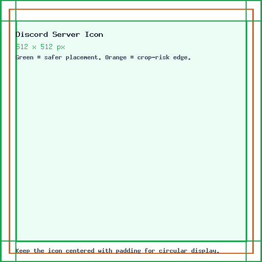 Discord Server Icon guide showing the 512 x 512 canvas, edge crop risk, and safe center placement.