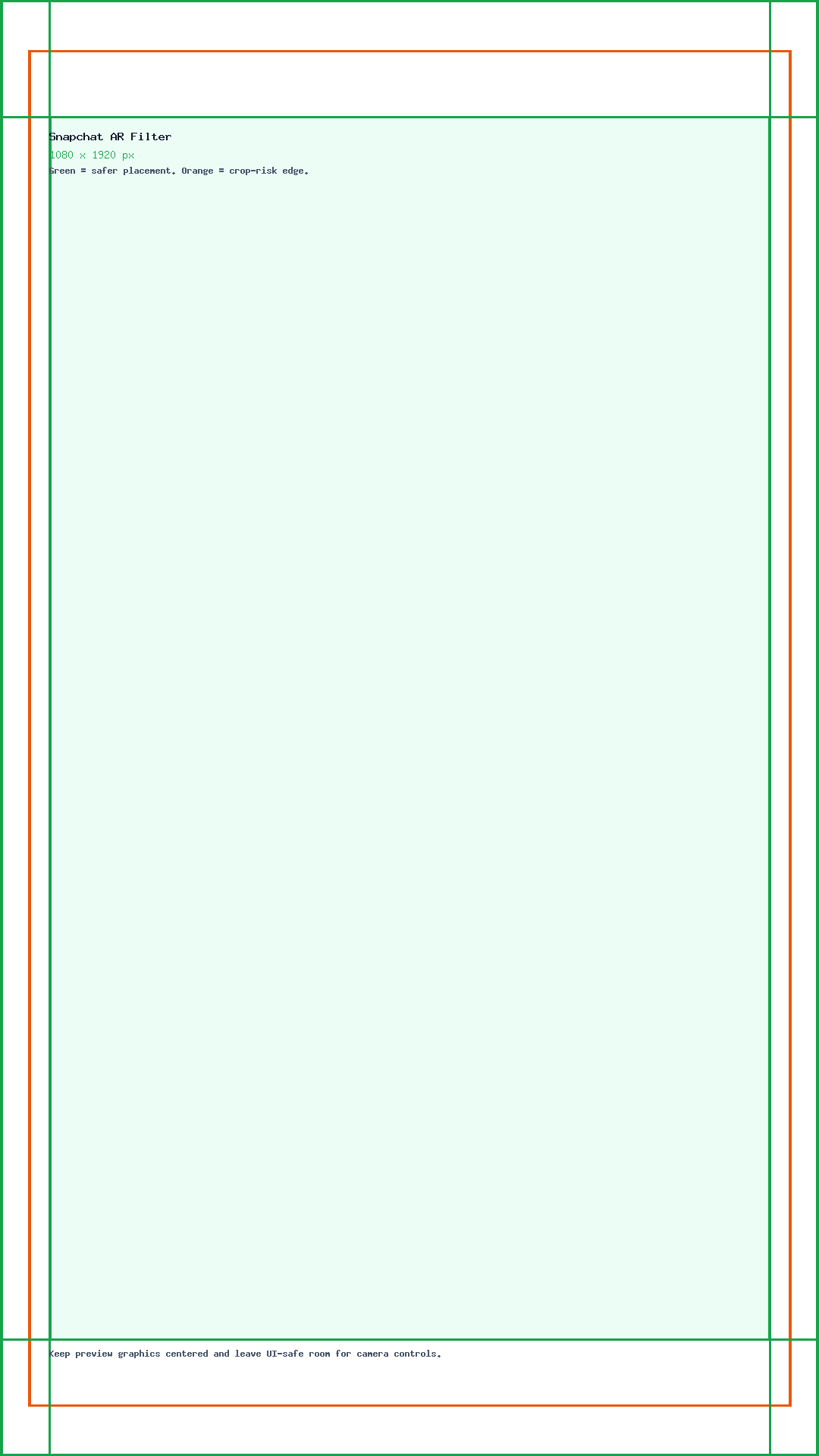 Snapchat AR Filter guide showing the 1080 x 1920 canvas, edge crop risk, and safe center placement.