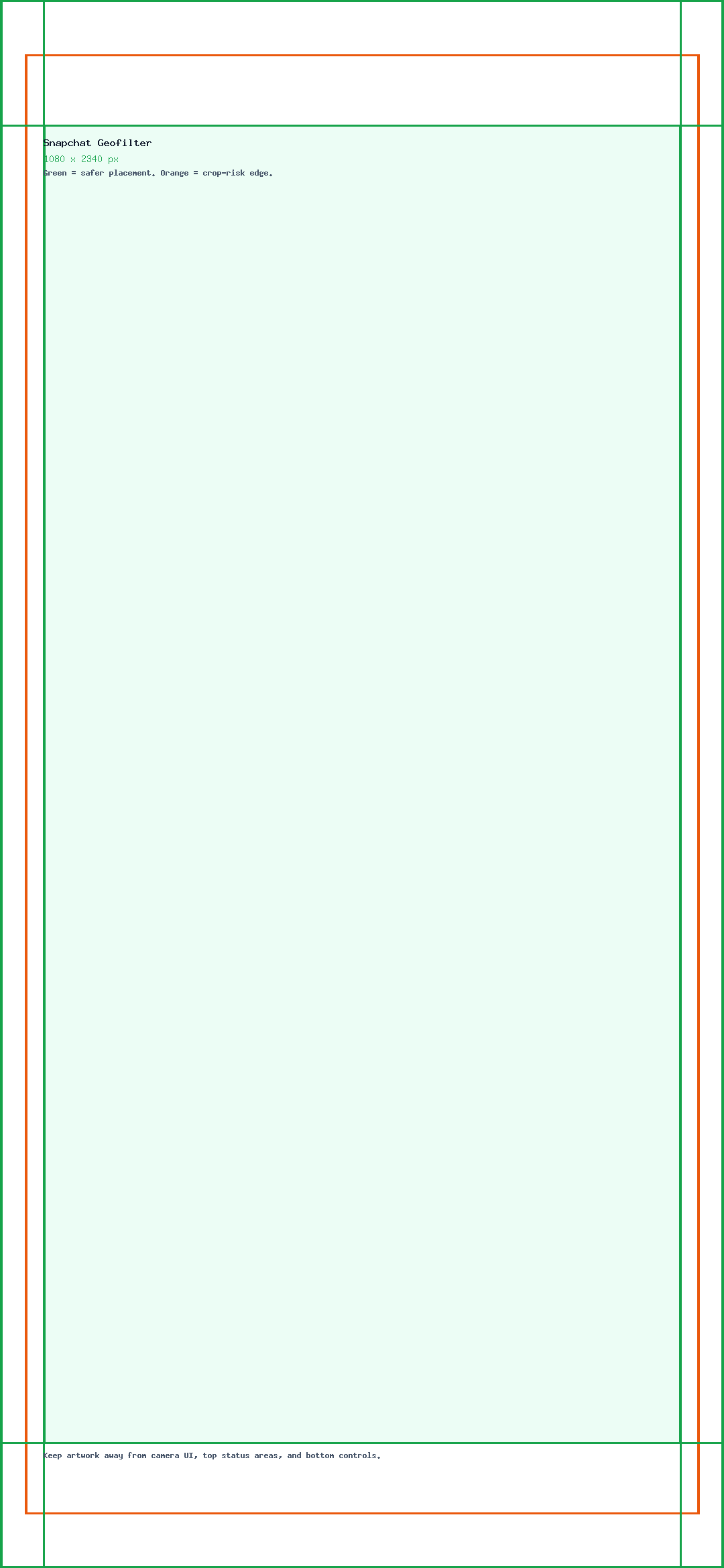 Snapchat Geofilter guide showing the 1080 x 2340 canvas, edge crop risk, and safe center placement.