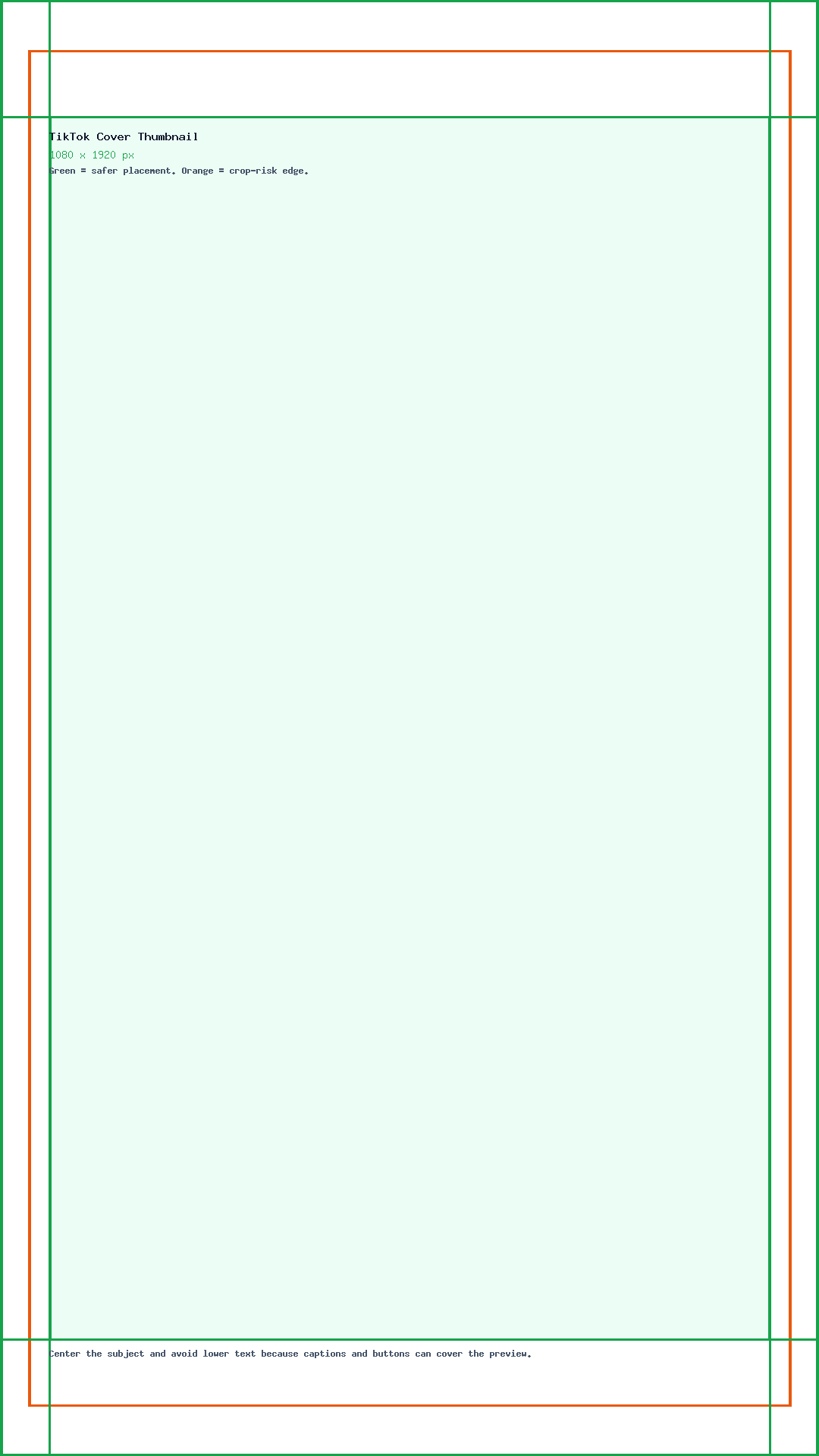 TikTok Cover Thumbnail guide showing the 1080 x 1920 canvas, edge crop risk, and safe center placement.