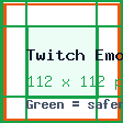 Twitch Emotes guide showing the 112 x 112 canvas, edge crop risk, and safe center placement.