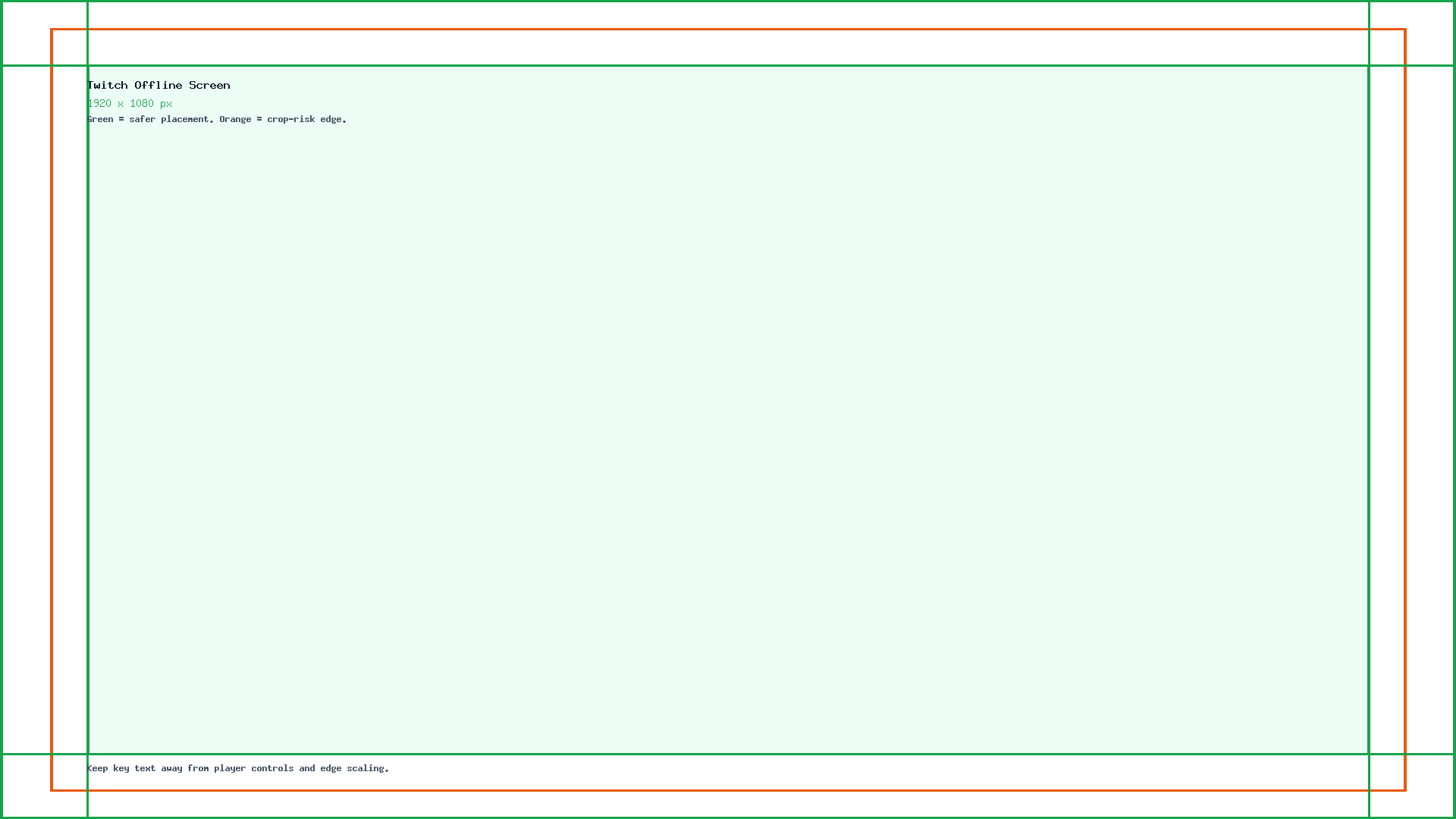 Twitch Offline Screen guide showing the 1920 x 1080 canvas, edge crop risk, and safe center placement.